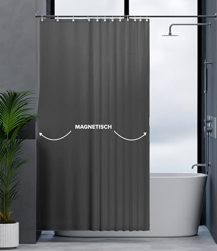 ovimar Magnetischer Duschvorhang Elgafossen grau waschbar schnelltrocknend Anti Schimmel Duschvorhang 180 x 200 cm Vorhang Blickdicht für Badewanne oder Dusche