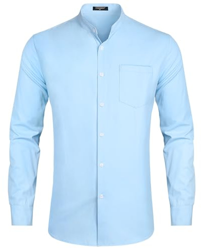 HISDERN Chemise Bleu Clair Homme Manches Longues Mariage Chemise Col Mao Homme Coton Con Bouton de Manchette pour Formel Rencontres L