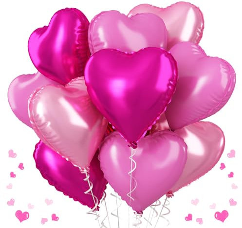 Pink Mixed Heart Balloons, 18 Inch 12 Pcs Hot Pink Foil Heart Shape Balloons, Light Candy Color Love Balloon, Sweet Theme Party Decorations for Girls Women Birthday Wedding Valentines Baby Shower