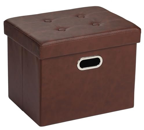 COSYLAND Pouf de Rangement Pliable en Similicuir avec Couvercle - Banc Coffre Multifonction 43x38x38cm - Tabouret Repose-Pieds 200kg - Ottoman de Salon Espace de Stockage Caché, Rouge-Brun