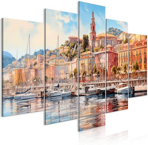 murando - Acoustic Canvas Wall Art Alte Italian City 200x100 cm 5 pieces - Picture With Acoustic Foam Sound Absorption Print Image Artwork Room Acoustics Soundproofing Harbour City Boat d-H-10007-b-c