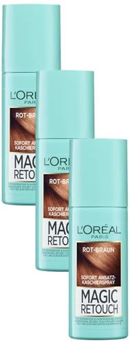 L'Oréal Paris Ansatz-Kaschierspray für stufenlose und natürliche Übergänge, Kaschiert Ansätze bis zur nächsten Haarwäsche, Magic Retouch, Rotbraun, 1 x 75 ml (Packung mit 3)