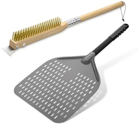 G.a HOMEFAVOR Perforierte Pizzaschaufel 30cm/ 12 Zoll Und Pizzaofen Bürste, Hart Eloxiertes Aluminium Pizzaschieber, Reinigungsbürste Ofenbürste Pizzasteinbürste Holzgriff, Pizzaofen Zubehör Set