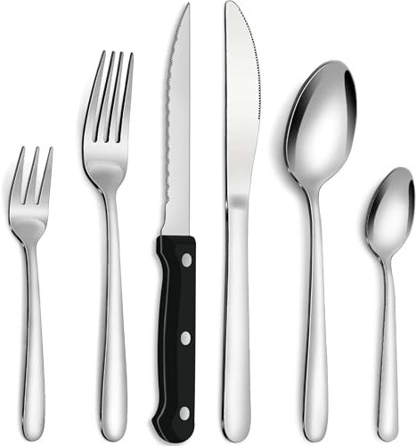 Bestdin Set di posate con coltello da bistecca, set di posate da 36 pezzi per 6 persone, set di posate in acciaio inox con coltello forchetta cucchiaio, lucidate a specchio e lavabili in lavastoviglie