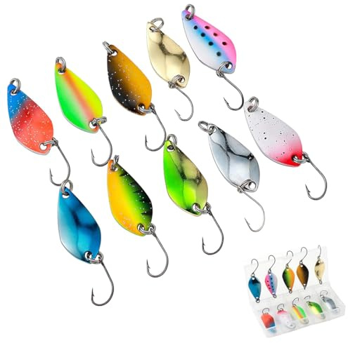 KOLZEMV Set di 10 cucchiai da trota, 2,5 g, 3,5 g, 5 g, accessori da pesca, cucchiaio per la pesca alla trota, set di cucchiaini in metallo, cucchiaino per trote e molto altro ancora