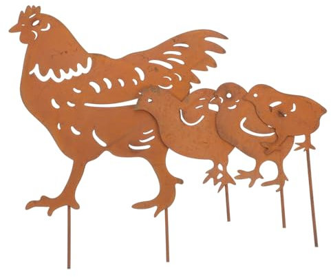 Happyyami 4pcs Metal Chicken Garden Statues Set Hollow-cut Hen and Chicks Silhouette Yard Decor for Outdoor Patio Lawn Garden Stakes Bird Fence Decorations