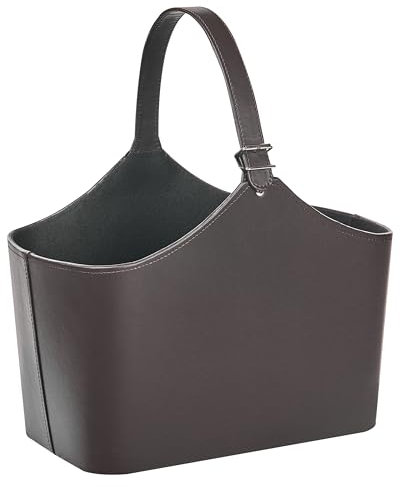 Cesta de almacenaje tradicional hecha a mano con asas revistero de piel sintética marrón oscuro Elam