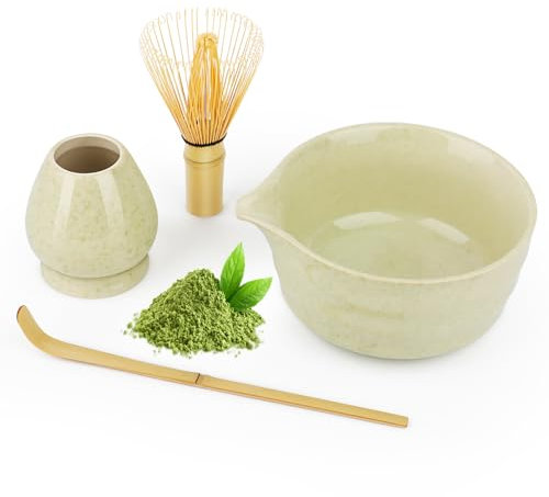 Juego de Té Matcha de 4 Piezas:Kit Completo con Chasen de Bambú,Tazón,Cuchara Medidora y Soporte,Set de Matcha con Accesorios para la Ceremonia del Té | Pack Matcha con Utensilios