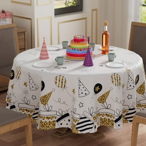 XCHI Birthday Gifts Hats Balloons Firework Tablecloth Round Washable Table Covers for Indoor Outdoor Dining Table Home Party Decorations 60x60 Inch