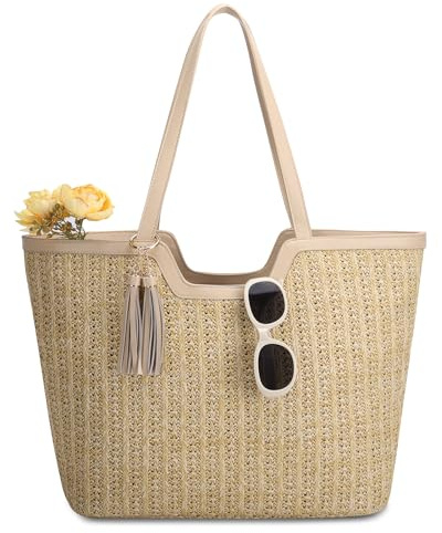 VASCHY Sac Cabas Femme Plage Paille, Grand Sac à Main Fourre Tout d'Été Tissé Boho Recyclable Léger avec Fermeture Éclair pour Voyage Vacances Beige