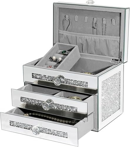 Biznest Silver Mirrored Jewellery Box 3 Tier Organiser with Crystal Crushed Diamond Glass Surface 24x16x18 Cm