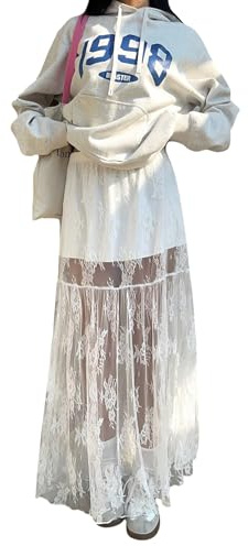 GORGLITTER Gonna da Donna con Pizzo, Maxi, Elegante, a Vita Alta, con Pizzo, Gonna Lunga, A-Linea, Casual, a Fiori, per l'estate, Trasparente, Gonna per Feste, bianco, S