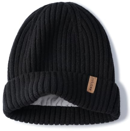 Creekstone Merinowolle Beanie Wintermütze für Damen Herren, Warme Fleece Gefütterte Strickmütze, Doppellagige Weiche Ski Wollemütze (DE/NL/SE/PL, Alphanumerisch, Einheitsgröße, Schwarz)