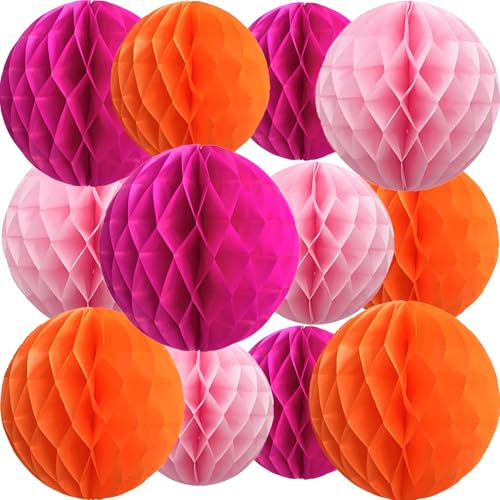 KUNYYI Orange and Pink Paper Honeycomb Flower Balls-12 Pcs 6 10 Tissue Pompoms Suitable for Birthdays Graduation Weddings and Theme Party Decoration