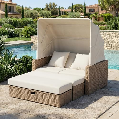 Juego de muebles de jardín de polirratán para 2 – 4 personas, sofá de jardín con mesa de centro ajustable y toldo desmontable, multifuncional como tumbona doble o grupo de asientos, ratán sintético