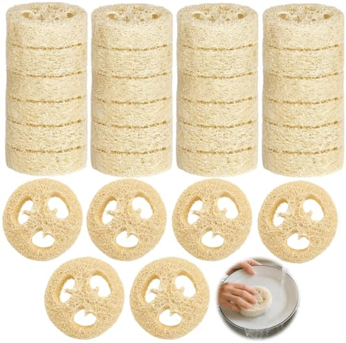 TEHJAM 30 Pièces Loofah Eponge Douche Corps Torchon Cuisine Éponge De Bain Exfoliante Et Vaisselle Naturelle Lavables Réutilisables Pour Bain,Douche,Cuisine Et Salle De Bain,Porte-Savon En Luffa