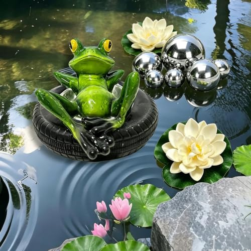 Norhogo 1 styck simgroda för minitek med 6 silverkulor och 2 lotusblommor, trädgårdsdamm flytande groda, dekoration, groda damm för utomhus, trädgård, balkong, damm, gård