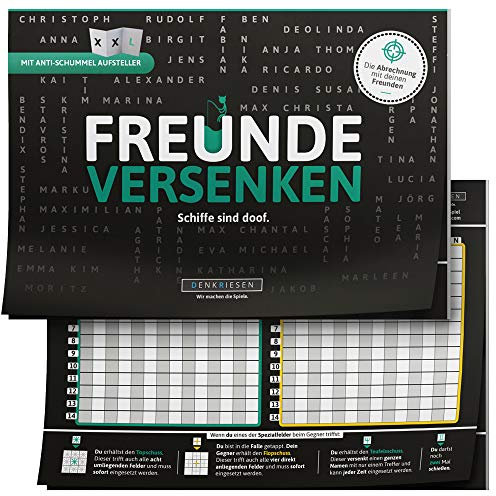DENKRIESEN - Freunde VERSENKEN® - A5 Spielblock | Ab 8 Jahren | 2 Spieler | Familienspiel | Schiffe Versenken | Spaßiges Gesellschaftsspiel für Freunde und Familie | Cooles Design
