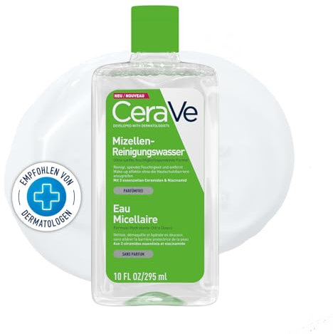 CeraVe Mizellenwasser und Make-up Entferner, Für eine gründliche und milde Gesichtsreinigung, Gesichtswasser für jeden Hauttyp, Mit Hyaluron und 3 essenziellen Ceramiden, Ohne Parfüm, 295 ml