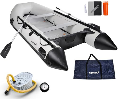 NEMAXX® Bateau Gonflable 380 cm pour 7 Personnes – Bateau à Rames/de Pêche et d’Aviron–905 kg/Fond en Aluminium/Motorisable jusqu’à 22 kW/30 CV – incl. 2 Rames/Pompe/Manomètre/Sac et Kit de Réparation