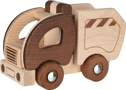 goki 55889 - Müllwagen goki nature - aus massiven robusten Buchenholz - 100% natürlich, ohne Farbe - made in EU