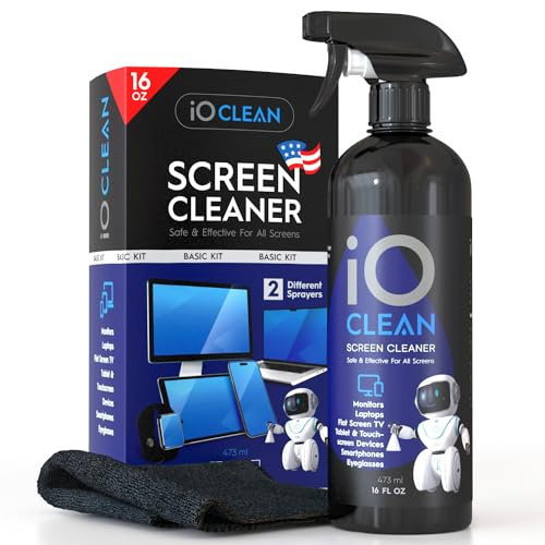 iO Clean Screen Cleaner Spray (16oz - 473ml) Best Large Cleaning Kit for LCD LED OLED TV, Smartphone, iPad, Laptop, Touchscreen, Computer Monitor, Other Electronic Devices, Microfiber Cloth Wipes