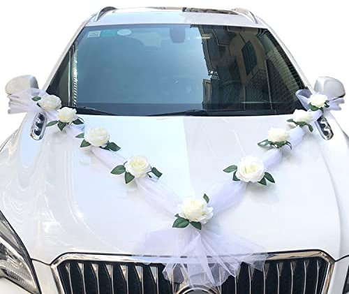 Autoschmuck Braut Paar Rose Dekoration Schmuck Car Wedding Girlande Autodeko Hochzeitsdeko Auto Blumenschmuck Hochzeitsschmuck Hochzeitsauto Deko für Hochzeit Party,Weiß