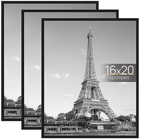 upsimples 16x20 Picture Frame Black 3 Pack, Scratch-Proof Poster Frames 16 x 20 for Photo Gallery - Slide-In Strips, Horizontal or Vertical Wall Mounting