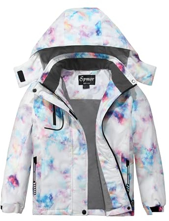 Spmor Girls' Waterproof Ski Jacket Warm Coat Windproof Winter Snowboarding Jacket Purple Flower 6-7