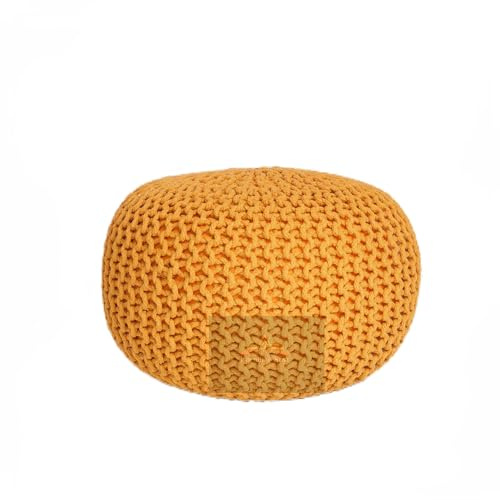 PARADISE STAR Chunky Knitted Round Large 100% Cotton Pouffe Footstool Ottoman Handmade Knitted Pouffe Children Adults Kids Living Room COLOUR MUSTARD