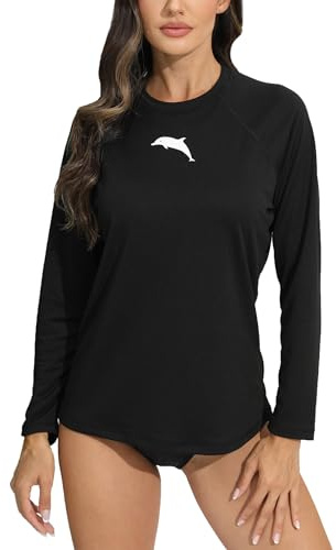 Halcurt Women's Long Sleeve Rash Guard Swim Shirt with Built in Bra Lightweight UPF50+ Quick Dry Swimsuit Top, Black-3, Medium
