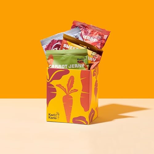 Karl Karlo Trockengemüse - Vegan Jerky Mixed“ | Luftgetrocknete Karotten, Süßkartoffel & Rote Beete Chips in Marinade | Beef Jerky als veganer Snack, Natürliche Zutaten, Made in Europe | 4er