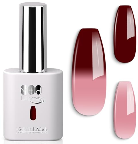 YTD Likomey UV Gel-lack Nagellack,15ml Ändrar Färg med Temperaturen Nagellack,Färgskiftande Manikyr Gel Polish,Kameleontfärg Gellack-Nakenrosa till Vinrött WB434