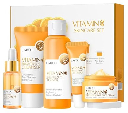 NAOLVE Coffret cadeau de cinq pièces pour soins de la peau à la vitamine C, comprenant un nettoyant, un tonique, une essence, une crème pour les yeux, une crème pour le visage, un cadeau de vacances