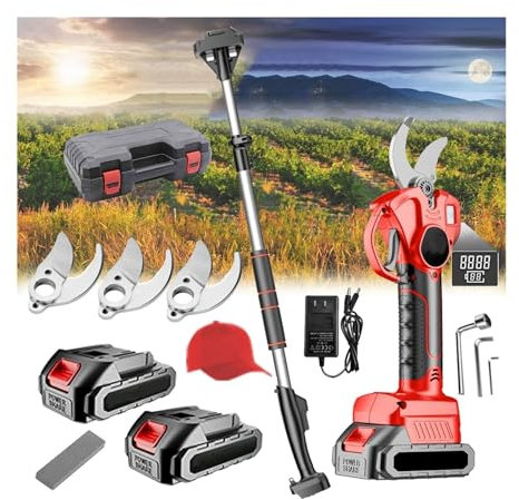 Tijera de Podar Eléctricas de 35mm con Alargador, Tijeras de Podar Bateria Profesional con 2 Baterías de 21V/2000 mAh-Podadora Eléctrica con Cuchilla y LCD para Jardinería,Olivos Ramas(Red)