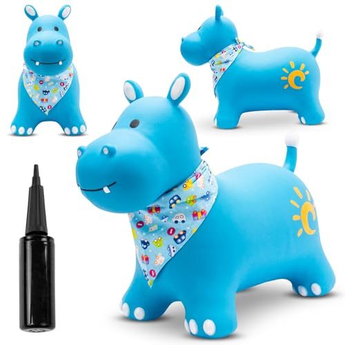 sun baby Animale Gonfiabile Che Salta, Giocattolo di 1 Anno, Saltarello per Bambini, Design ergonomico, Cavallo Giocattolo, Pompa Manuale Inclusa (Ippopotamo Blu con Bandana)