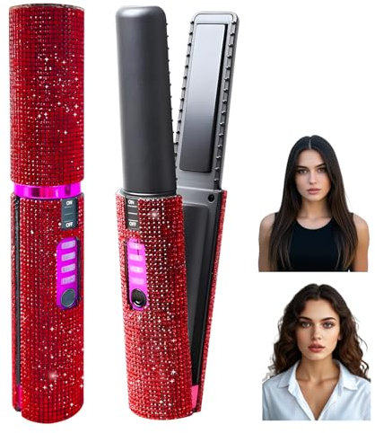 2 in 1 Kabelloser Mini-Haarglätter & Lockenstab mit 15s Schnellaufheizung - 3 Einstellbare Temperatur, 4800mAh USB-C Akku, Digitaldisplay, Tragbares Reiseglätteisen für alle Haartypen (Rot)