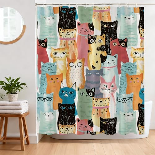 BREASOME Cortina de Ducha Gato 180 x 180 cm Divertido Lindo Gato Cortina Ducha Antimoho Cortina Baño de Tela de Poliéster Impermeable con 12 Ganchos