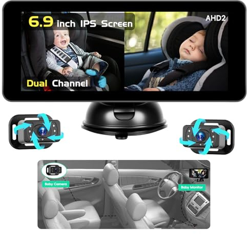 Hikity Monitor för barn i bilen, bakkamera med 6,9 tums skärm för bilbarnstol, 2 kameror, sugkopphållare, DC 12 V, bilkamera för barn