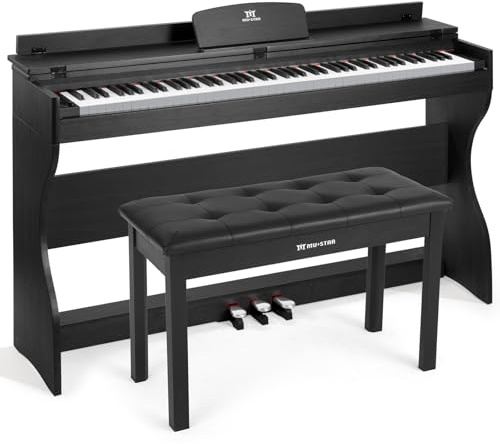 MUSTAR Piano electrónico de 88 teclas con taburete de piano, piano digital, piano eléctrico con soporte para piano, 3 adaptadores de pedales, 2 conectores para auriculares, pantalla LCD, USB/MIDI
