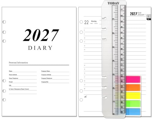 NEYSA Diary 2027 Refill Day per Page 6 Hole, Jan to Dec 2027 for Filofax A5