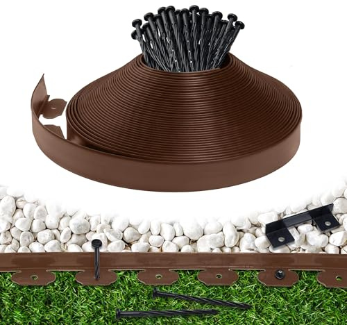 6 cm hög x 10 m landskapskantning med 30 förankringsspikar, kit för trädgårdskant, flexibel kantkant, för trädgårdsblomsterbäddar, gräsmatta, gård, gatväg (brun, 10 m)