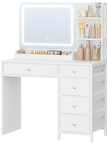 Hzuaneri Sminkbord med LED-Belysning, Stor Hd-Spegel, 5 Lådor Och 2 Förvaringshyllor, Perfekt för Sovrummets Omklädningsrum, Modern Vit Dt43903xeu