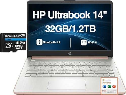 HP Rose Gold Ultrabook 14 Laptop HD Display (Intel N4500, 32GB DDR4, 1.2TB Storage (1TB PCIe SSD + 256GB microSD Card) WiFi 6, Bluetooth 5.2, Webcam, Win 11 P) with Microsoft 365 Personal