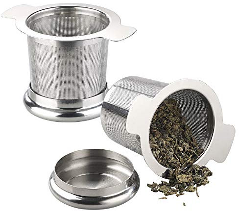 Rosenstein & Söhne Sieb: 2er-Set Premium-Edelstahl-Teesieb Micro-Geätzt mit Deckel für Tassen (Teesieb Edelstahl für Kanne, Tassensieb, Kaffeebereiter)