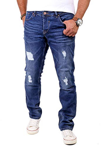 Reslad Jeans herr sliten look slim fit denim stretch jeans byxor RS-2062, blå, 31W x 34L