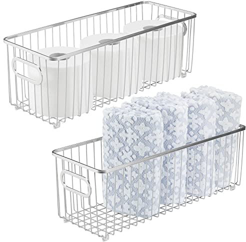 mDesign 2er-Set Metall Ablagebox mit integrierten Griffen – tiefe Aufbewahrungsbox mit ansprechendem Drahtdesign – Box zur Kosmetikaufbewahrung im Bad – silberfarben