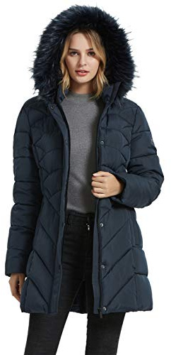 BINACL Women's Snow Winter Hooded Coat with Fur Hood, Beloved Long Sleeve Down Alternative Cotton Hunting Expedition Thickened Workout Traniing 100% polyester Single Button Military Jacket(Navy,S)