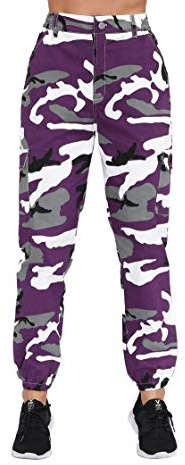 ZODLLS Women's Camo Pants Cargo Trousers Cool Camouflage Pants Elastic Waist Casual Multi Jogger Pants with Pocket Purple Camo-S