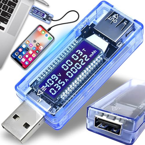 Retoo Testeur multimètre USB multifonction avec affichage LCD, 4 V – 20 V, tension numérique, voltmètre, ampèremètre, capacité du chargeur, courant A, tension V, capacité mAh, bleu